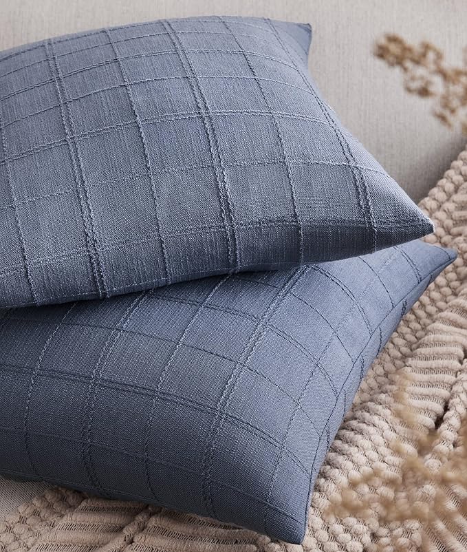 ZeeMart Linen Checked Throw Pillow Covers Set of 2, 22x22 Inch Allover Grid Blue, Farmhouse Decorative Double Sided Grid Embroidered Couch Pillow Cases Blue Cotton Linen Cushion Covers