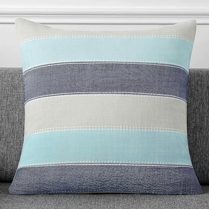 AmHoo Pack of 2 Farmhouse Stripe Check Throw Pillow Covers Set Case Cotton Linen Decorative Pillowcases Cushion Cover for Couch Bench Sofa 18x18Inch Blue Beige