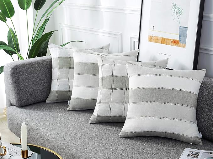 AmHoo Pack of 2 Farmhouse Stripe Check Throw Pillow Covers Set Case Cotton Linen Decorative Pillowcases Cushion Cover for Couch Bench Sofa 26x26Inch Light Grey Beige