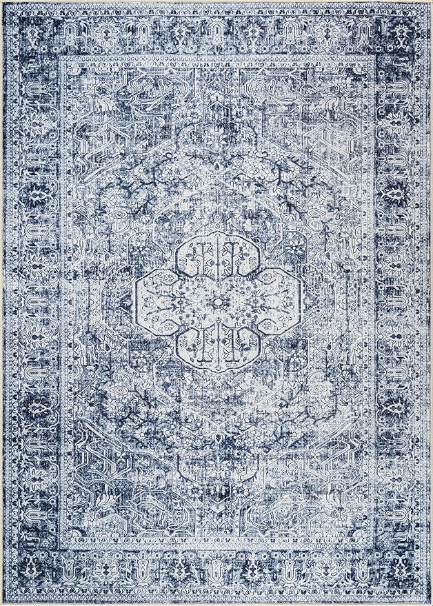 Bloom Rugs Washable Non-Slip 6' x 9' Rug - Ivory/Denim Blue Traditional Medallion Area Rug for Living Room, Bedroom, Dining Room, and Kitchen - Exact Size: 6' x 9'