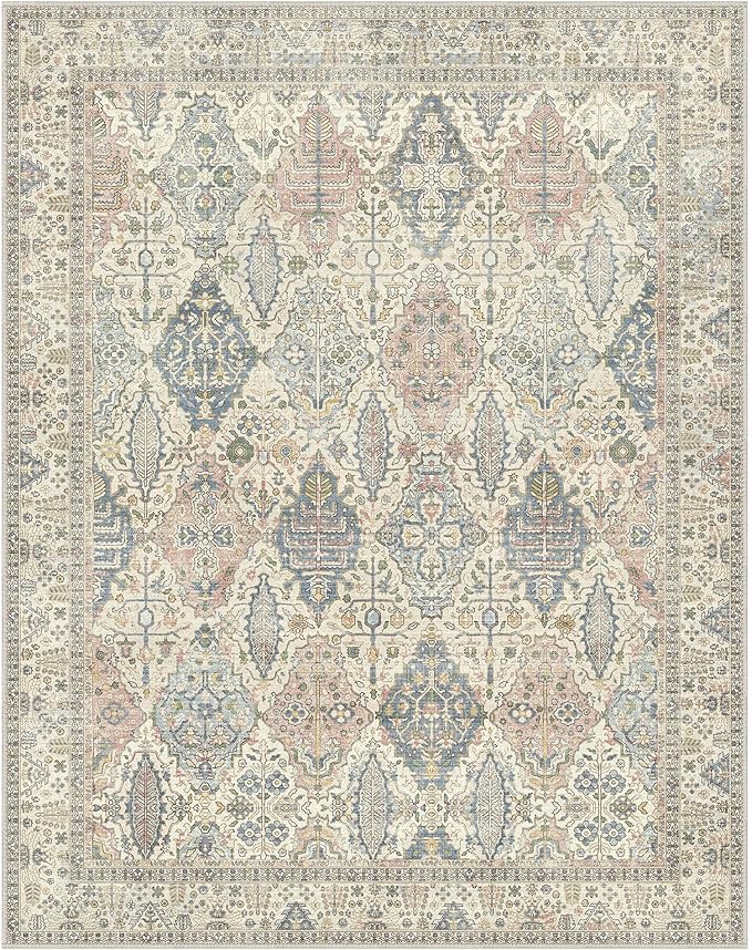 GENIMO 8x10 Area Rugs for Living Room, Machine Washable Non Slip Vintage Rugs, Low Pile Lightweight Chenille Print Rug for Bedroom, Dining Room, Home Office, Beige Cream