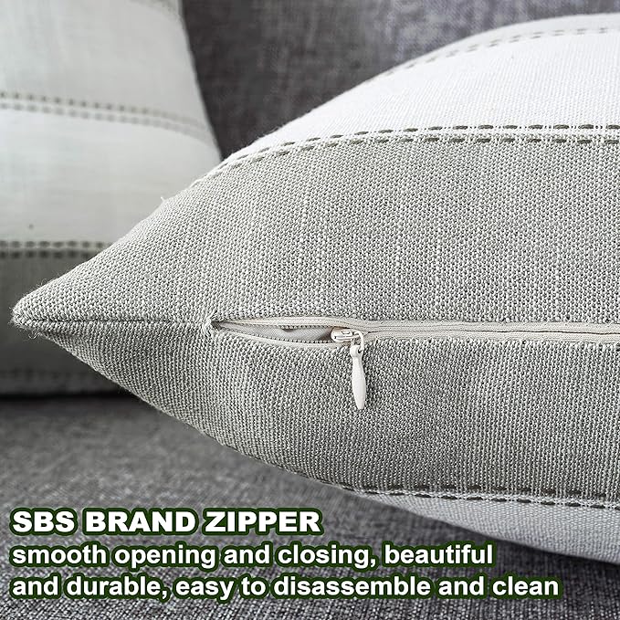 AmHoo Pack of 2 Farmhouse Stripe Check Throw Pillow Covers Set Case Cotton Linen Decorative Pillowcases Cushion Cover for Couch Bench Sofa 16x16Inch Light Grey Beige