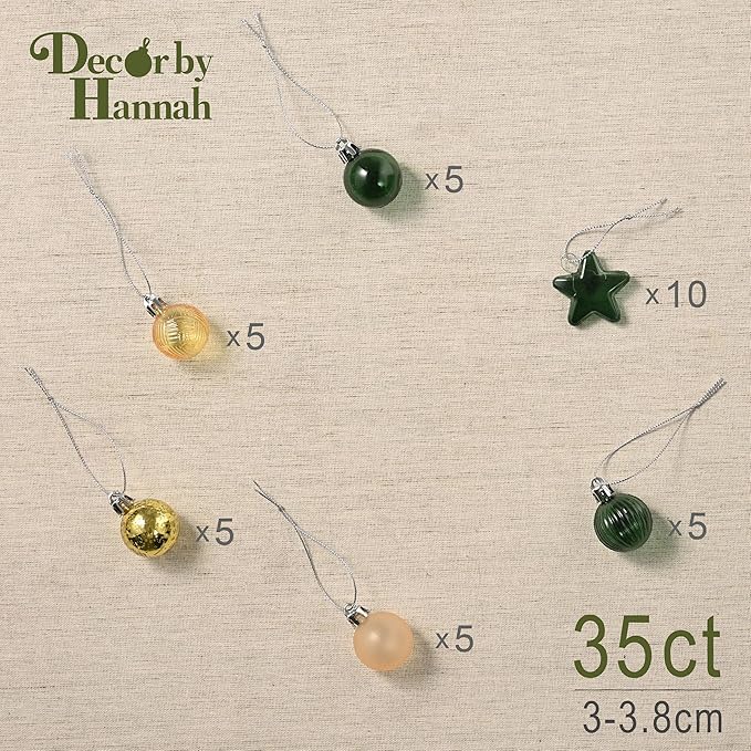 DecorbyHannah Mini Christmas Tree Ornaments, 35ct 1.18inches Green Gold Christmas Ball Ornaments for Tree Decorations, Small Clear Shatterproof Plastic Hanging Balls Bulk for Xmas, Party, Wedding