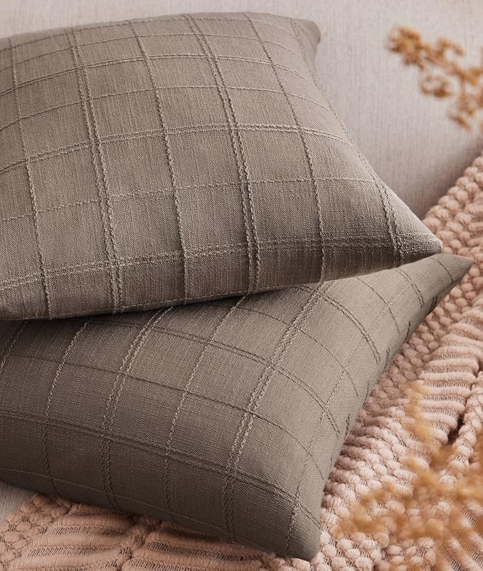 ZeeMart Linen Checked Throw Pillow Covers Set of 2, 24x24 Inch Allover Grid Cocoa Brown, Farmhouse Decorative Double Sided Grid Embroidered Couch Pillow Cases Brown Cotton Linen Cushion Covers