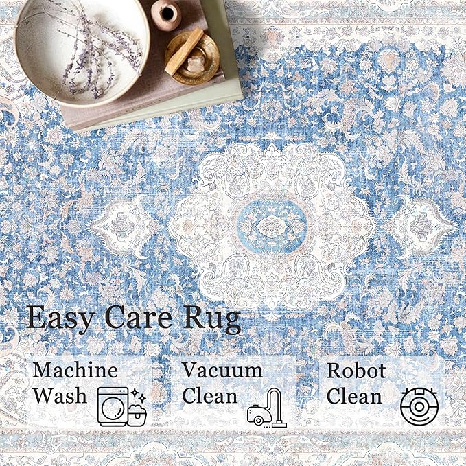 Washable Runner Rug 2x6,Blue Rug Runners Non Slip,Long Boho Rugs for Hallways Kitchen Bedroom Entryway Living Room Bathroom,Vintage Bohemian Distressed Floor Carpet,Floral
