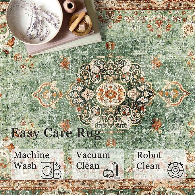 5x7 Area Rugs Washable,Green Rug for Living Room Bedroom Kitchen,Large Boho Vintage Bohemian Distressed Oriental Carpet Non Slip
