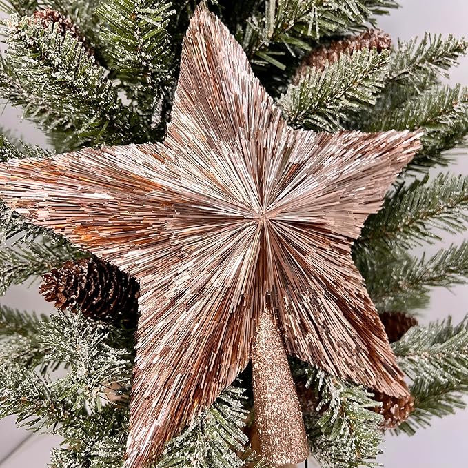 10" Elegant Christmas Star Tree Topper - Classic 5-Pointed Star Top - Unique Design - Luxury Tinsel Stars - Handmade Tree Top - Holiday Decor for Medium and Big Trees - Large (10 inches) (Rose Gold)