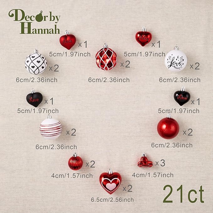 DecorbyHannah Valentines Day Christmas Tree Ornaments Decorations, 21ct Red Black Heart Shaped Ornaments Set for Tree, Valentine's Day Large Shatterproof Hanging Ball for Wedding Anniversary Party