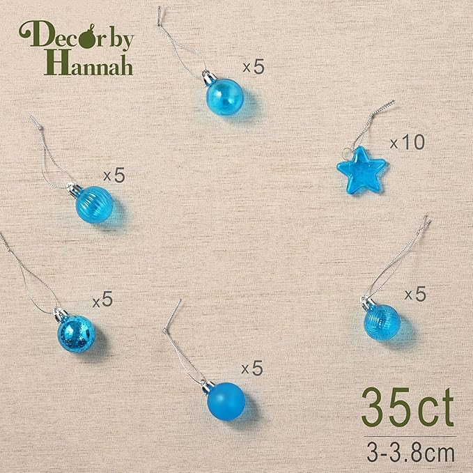 DecorbyHannah Mini Christmas Tree Ornaments, 35ct 1.18inches Blue Christmas Ball Ornaments for Tree Decorations, Small Clear Shatterproof Plastic Hanging Balls Bulk for Xmas, Party, Wedding