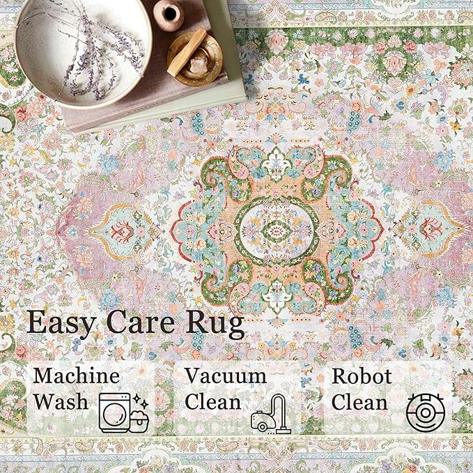 Casrage 6x9 Area Rugs Washable,Pink Rug for Living Room Bedroom Kitchen,Large Boho Vintage Bohemian Distressed Carpet Non Slip,Blush Green