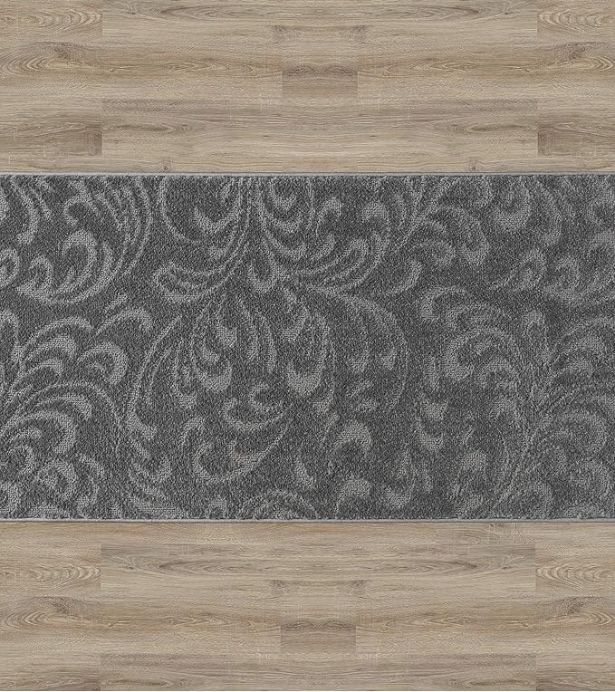 Custom Cut Hallway Runner Rug, Slip Resistant, 26 Inch Wide X Your Choice of Length, Floral Anthracite, 26 Inch X 2 Feet, Doormat Size