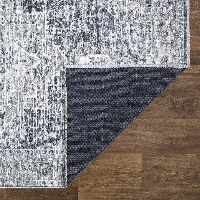Bloom Rugs Caria Washable Non-Slip 4x6 Rug - Gray/Dark Blue Traditional Area Rug for Living Room, Bedroom, Dining Room, and Kitchen - Exact Size: 4' x 6'