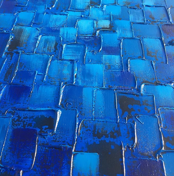 MyArton Textured Abstract Squares Canvas Wall Art Hand Painted Modern Dark Blue Oil Painting for Decoration Ready to Hang 48x24inch