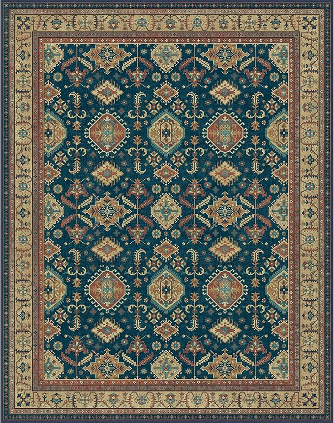 GENIMO Machine Washable 6x9 Area Rugs for Living Room, Non Slip Vintage Rugs, Low Pile Lightweight Chenille Print Rug for Bedroom, Dining Room, Home Office, Black Yellow
