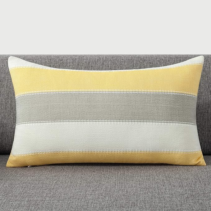 AmHoo Pack of 2 Farmhouse Stripe Check Throw Pillow Covers Set Case Cotton Linen Decorative Pillowcases Cushion Cover for Couch Bench Sofa 12x20Inch Yellow Beige