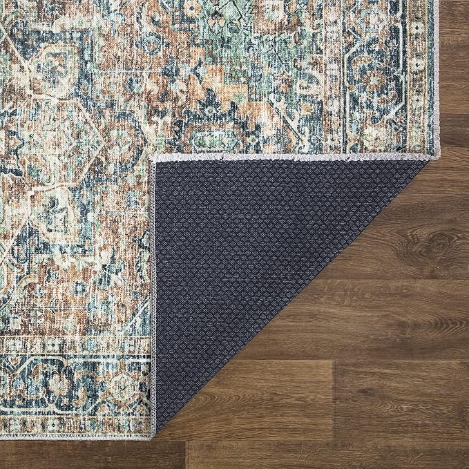 Bloom Rugs Caria Washable Non-Slip 10 ft Runner - Blue Green/Tangerine Traditional Runner for Entryway, Hallway, Bathroom, and Kitchen - Exact Size: 2'6" x 10'