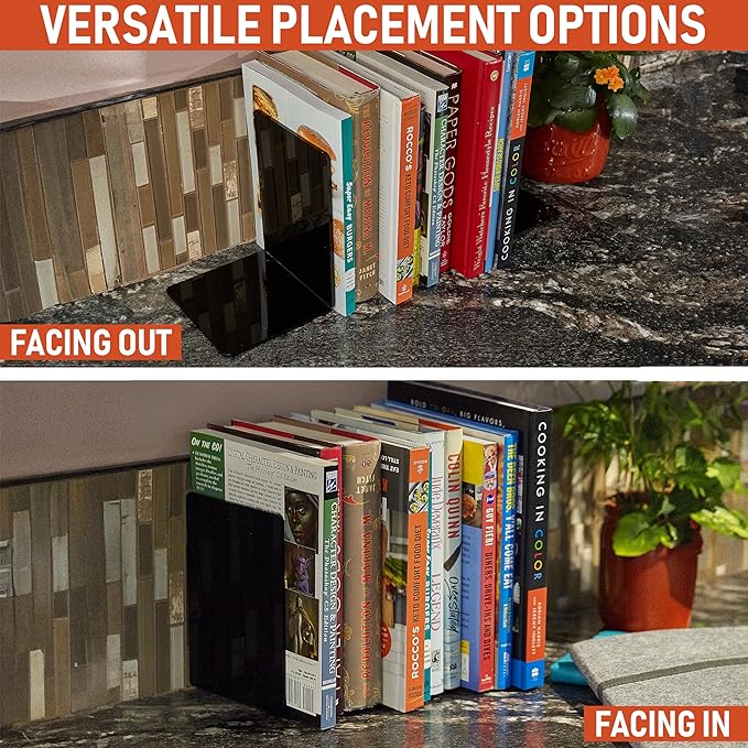 Acrylic Bookends, 2 Pairs of Black Invisible Ends for Shelves, 4mm Heavy-Duty Non-Skid Holders for DVDs, CDs, Video Games, and Books. Stoppers for Home, Office, or Library Organization (Black)