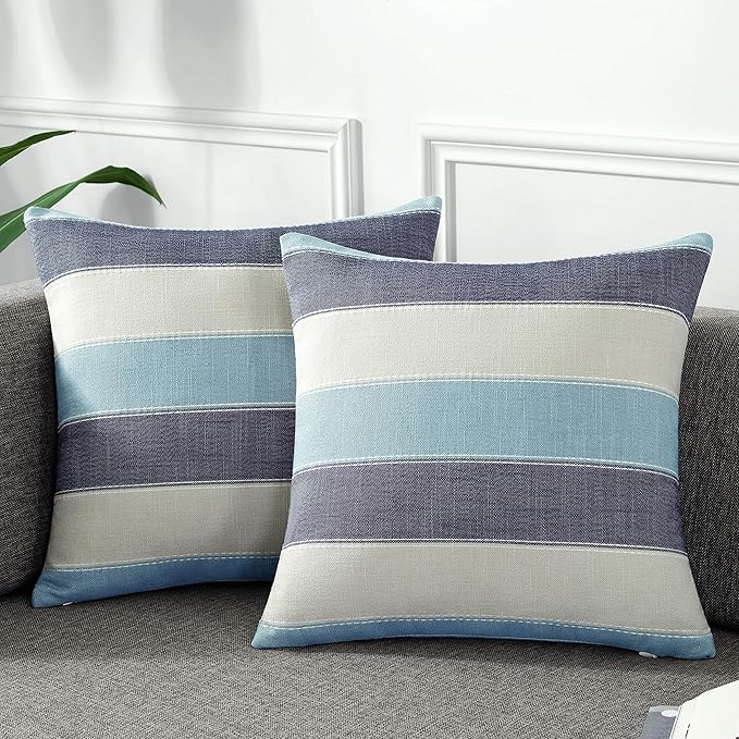 AmHoo Pack of 2 Farmhouse Stripe Check Throw Pillow Covers Set Case Cotton Linen Decorative Pillowcases Cushion Cover for Couch Bench Sofa 24x24Inch Blue Beige
