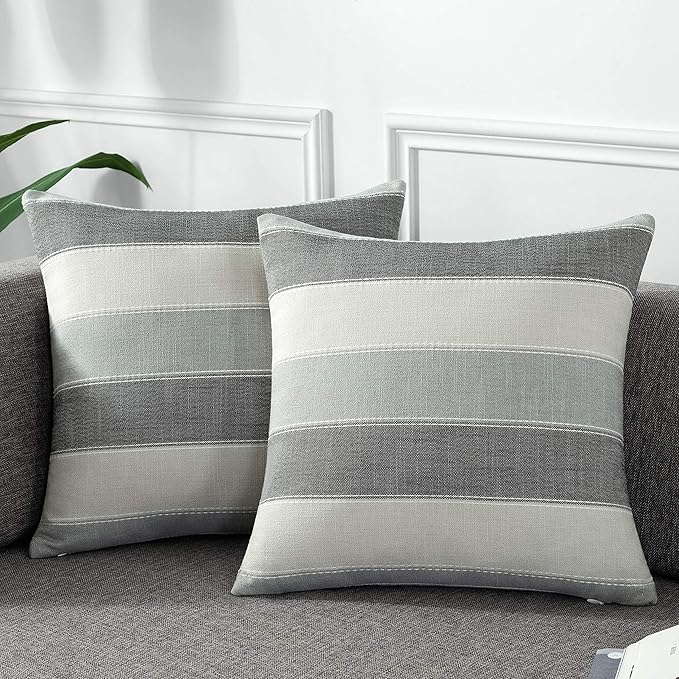 AmHoo Pack of 2 Farmhouse Stripe Check Throw Pillow Covers Set Case Cotton Linen Decorative Pillowcases Cushion Cover for Couch Bench Sofa 20x20Inch Dark Grey Beige