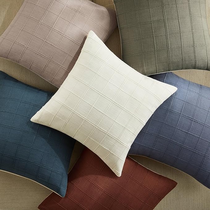 ZeeMart Linen Checked Throw Pillow Covers Set of 2, 18x18 Inch Blue/Cream, Farmhouse Decorative Single Sided Grid Embroidered Couch Pillow Cases Dusty Blue Cotton Linen Cushion Covers