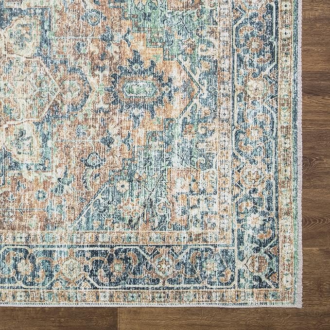 Bloom Rugs Caria Washable Non-Slip 10 ft Runner - Blue Green/Tangerine Traditional Runner for Entryway, Hallway, Bathroom, and Kitchen - Exact Size: 2'6" x 10'