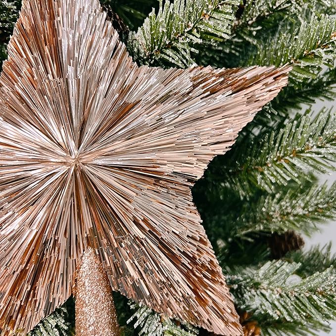 10" Elegant Christmas Star Tree Topper - Classic 5-Pointed Star Top - Unique Design - Luxury Tinsel Stars - Handmade Tree Top - Holiday Decor for Medium and Big Trees - Large (10 inches) (Rose Gold)