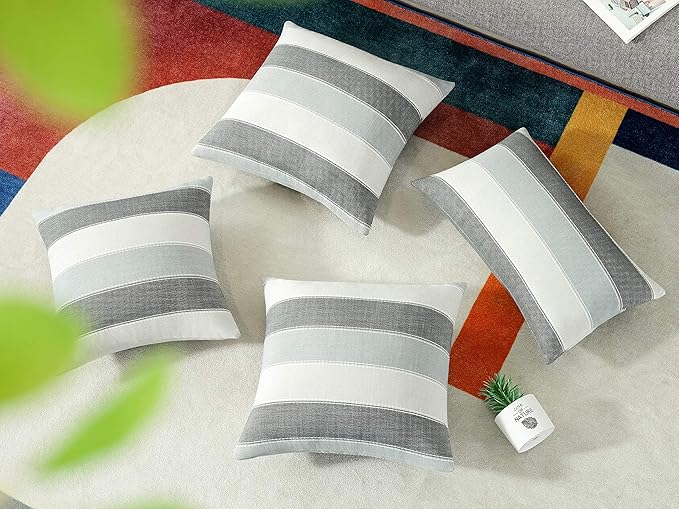 AmHoo Pack of 2 Farmhouse Stripe Check Throw Pillow Covers Set Case Cotton Linen Decorative Pillowcases Cushion Cover for Couch Bench Sofa 26x26Inch Dark Grey Beige