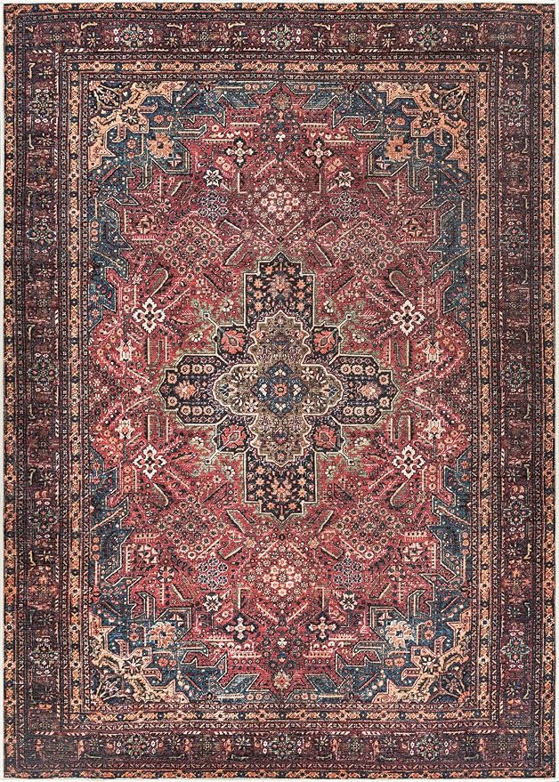 Bloom Rugs Washable Non-Slip 4' x 6' Rug - Red/Teal Blue/Yellow Traditional Medallion Area Rug for Living Room, Bedroom, Dining Room, and Kitchen - Exact Size: 4' x 6'